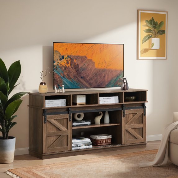 FunniHomi TV Stand Sliding Barn Door Modern&Farmhouse Wood Entertainment Center Storage Cabinet Table Living Room with Adjustable Shelves for TVs Up to 65"