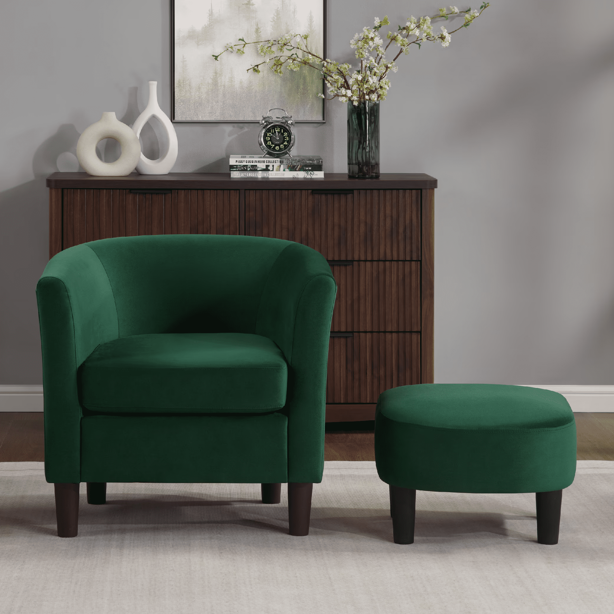 FunniHomi Velvet Accent Chair with Ottoman, Modern Barrel Chair Armchair with Footrest for Living Room, Bedroom and Reading Room, Green