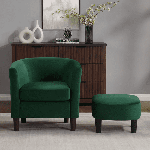 FunniHomi Velvet Accent Chair with Ottoman, Modern Barrel Chair Armchair with Footrest for Living Room, Bedroom and Reading Room, Green