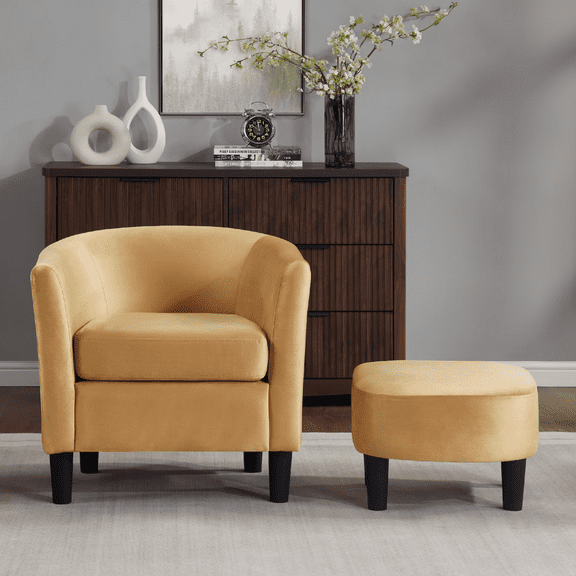 FunniHomi Velvet Accent Chair with Ottoman, Modern Barrel Chair Armchair with Footrest for Living Room, Bedroom and Reading Room, Yellow