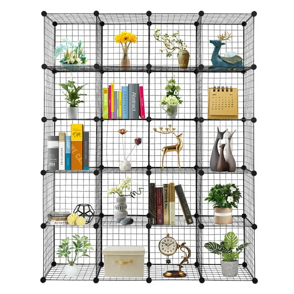 Funnil 20-Cube Organizer Cube Storage Shelves Wire Cube Storage Origami Shelves Metal Grid Multifunction Shelving Unit Organizer Bookcase 47x14x70",Black