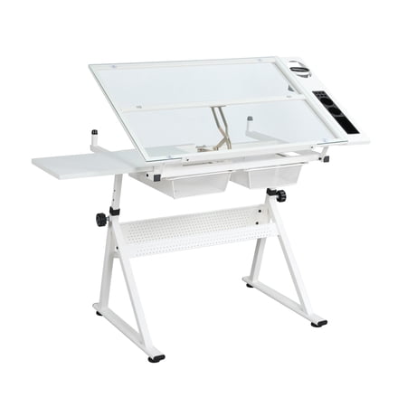 Funnil Drafting Table with Stool and 2 Drawers for Home Office Height Adjustable 31.5"-49.5",White