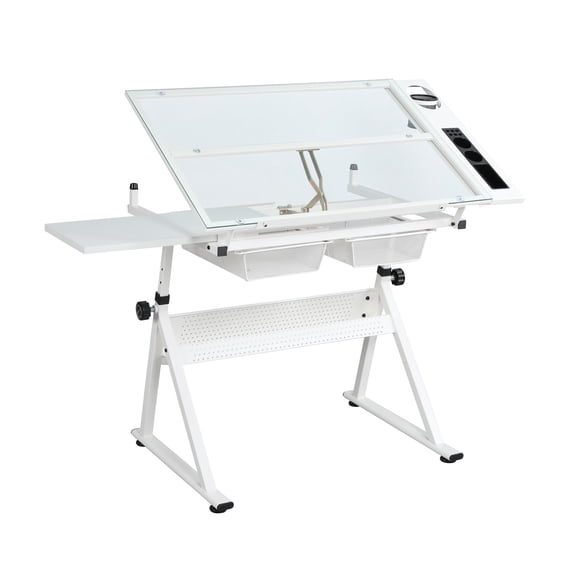Funnil Drafting Table with Stool and 2 Drawers for Home Office Height Adjustable 31.5"-49.5",White