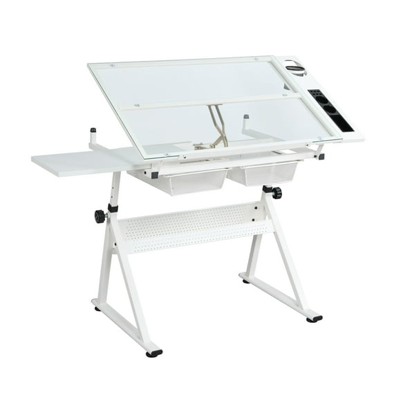 Funnil Drafting Table with Stool and 2 Drawers for Home Office Height Adjustable 31.5"-49.5",White