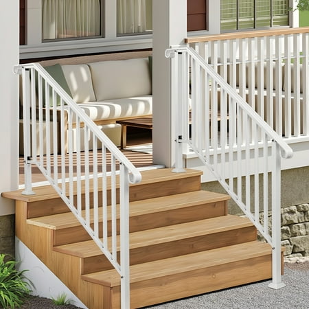 Funnil Handrail for Outdoor Stairs, Fits 4-5 Steps, Heavy Duty Metal Handrail Railing, Weatherproof Iron Handrail Rail for Porch Deck Garden, Matte White