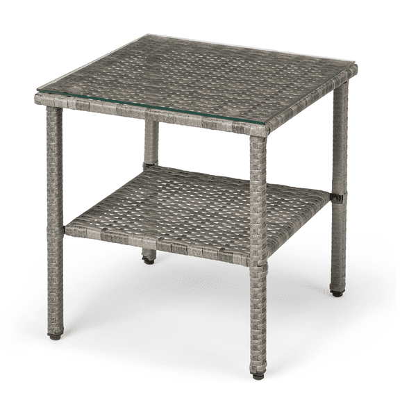 Funnil Patio Wicker Rattan Side Table with Square Tempered Glass Top and Storage, All-weather Use Double Layer Coffee End Table for Deck, Porch,Garden, Indoor&Outdoor, Gray