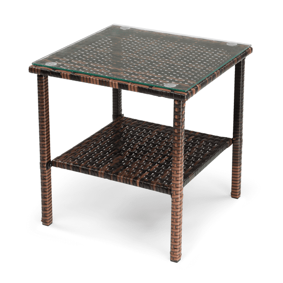 Funnil Patio Wicker Rattan Side Table with Square Tempered Glass Top and Storage, All-weather Use Double Layer Coffee End Table for Deck, Porch,Garden, Indoor&Outdoor, Brown