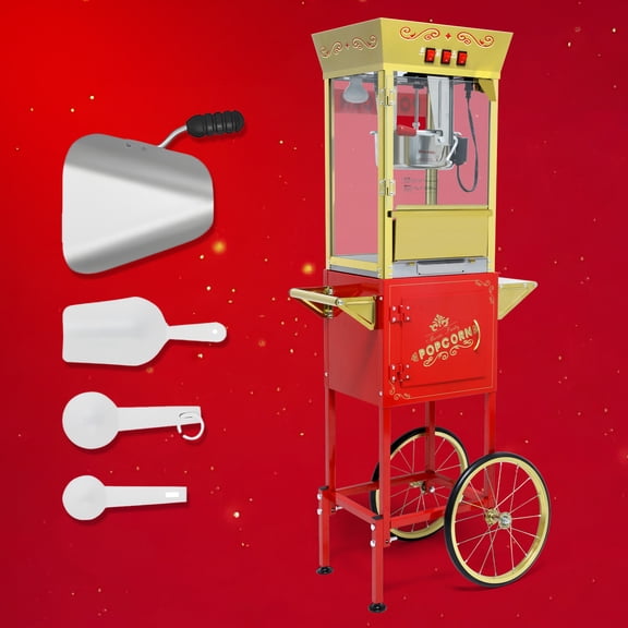 Funnil Popcorn Maker Machine with Cart and 12 Oz Stainless Steel Kettle Makes Up to 48 Cups, Vintage Movie Theater-Style Popper, Red
