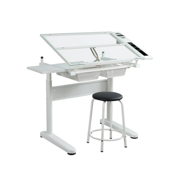 Funnil Tempered Glass Adjustment Height Drafting Table Art Desk with Storage and Stool, White