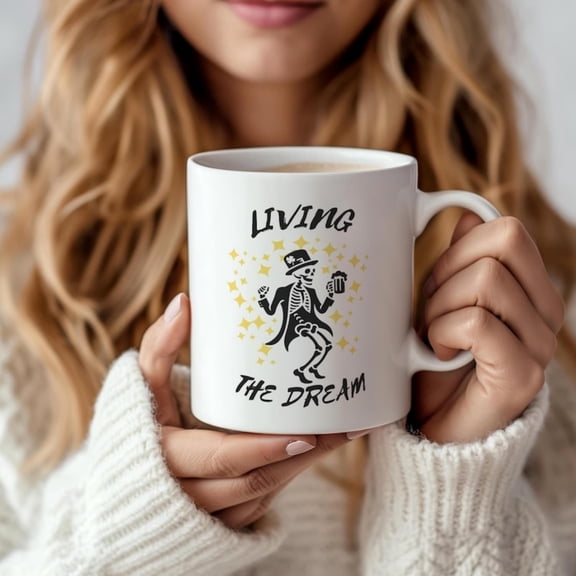 Funnkeleton Mug Living the Dream Coffee Mug Halloween Gift Him Skeleton Drinking Mug Unique Barista Gift Spookean Mug.