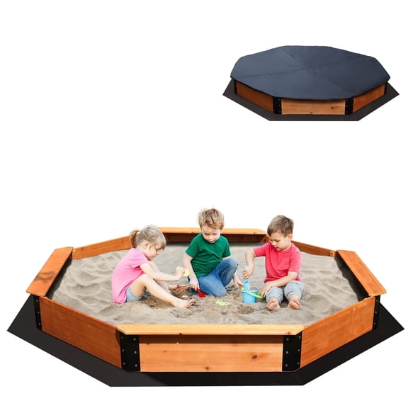 85''x85''x9'' Octagon Sandbox with Cover for Kids Outdoor Play, Wood Large Sandpit with 4 Benches, Backyard Playset,Quick Easy Install