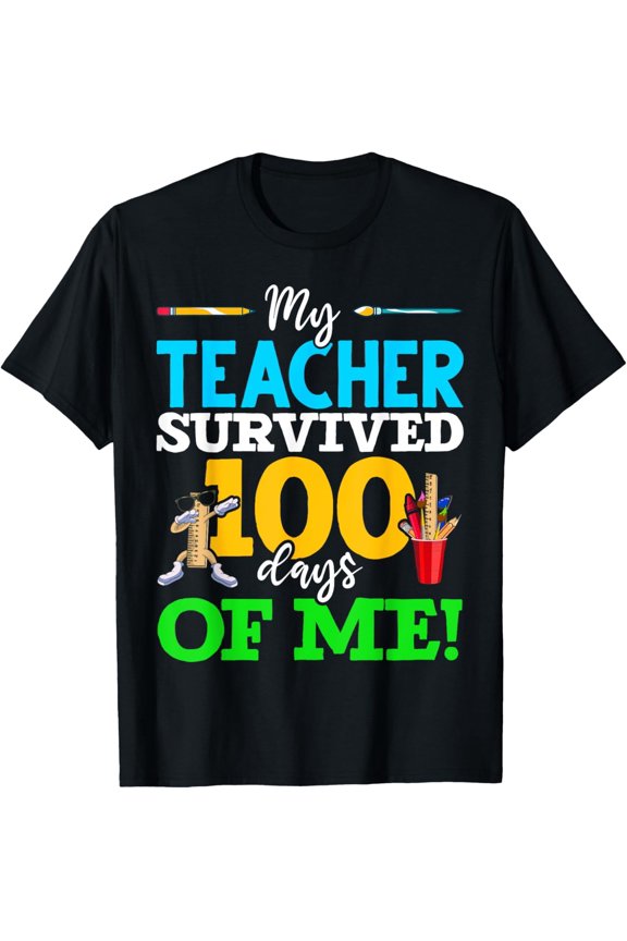 Funny 100 Days of School Student Graphic Tee - My Teacher Survived 100 Days of Me Retro School Supplies T-Shirt - Elementary Kindergarten Classroom Apparel