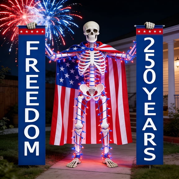 Funny 12ft Skeleton 4th of July Outfit,Lighted Up Giant Skeleton Accessories Including Freedom 250 Years Banners,23ft Lights String for Independence Day USA 250th Anniversary Decor