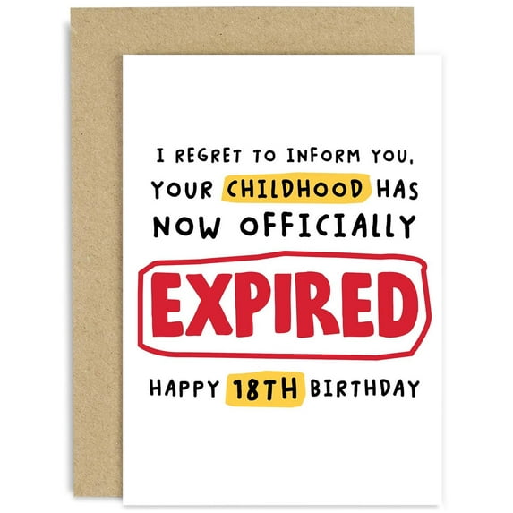 Funny 18th Birthday Card – "Your Childhood Has Expired" Design – Perfect for Celebrating Milestone Birthdays with Humor – Envelope Included