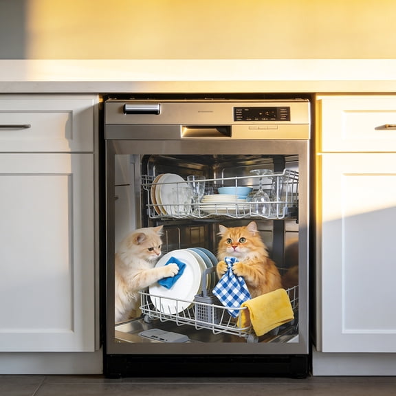 Funny 2 Cats Dishwasher Door Sticker, Removable PVC Kitchen Cabinet Decal, Waterproof Wall Art Decor for Refrigerator, Tile, 13.4" Cute Kitten Home Decoration