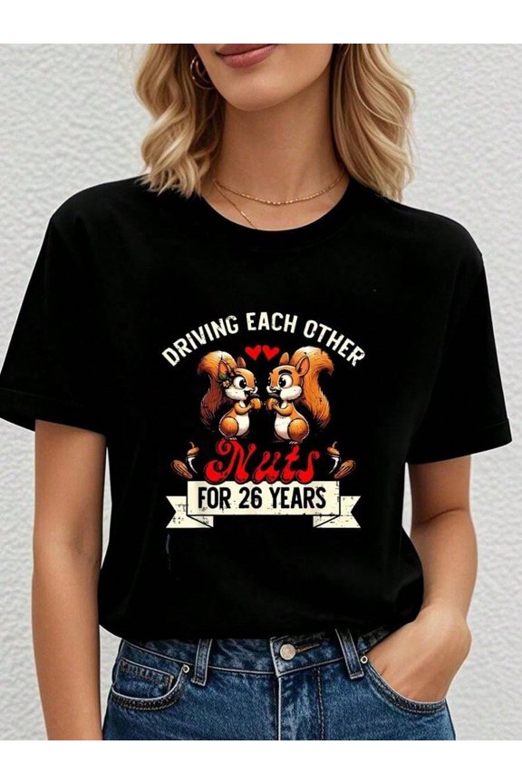 Funny 26th Wedding Anniversary Squirrel T-Shirt Retro Driving Each Other Nuts Graphic Tee for Men Women Couples 26 Years Marriage Celebration Top