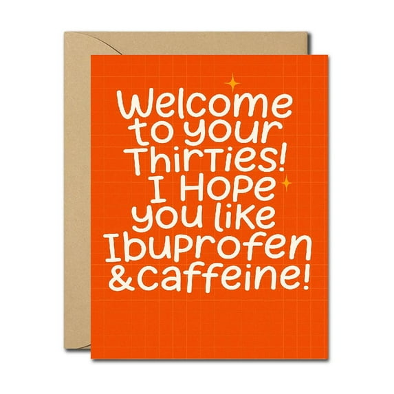 Funny 30th Birthday Card – Welcome to Your Thirties, Ibuprofen & Caffeine Humor – Blank Inside, Envelope Included – Sarcastic Card for Friends & Adults