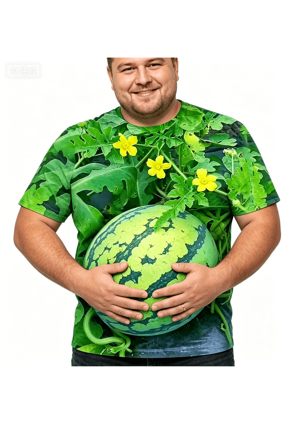 Funny 3D Big Belly Watermelon Graphic T-Shirt, Watermelon Vine Flower Print Crew Neck Short Sleeve Casual Tee for Men & Women
