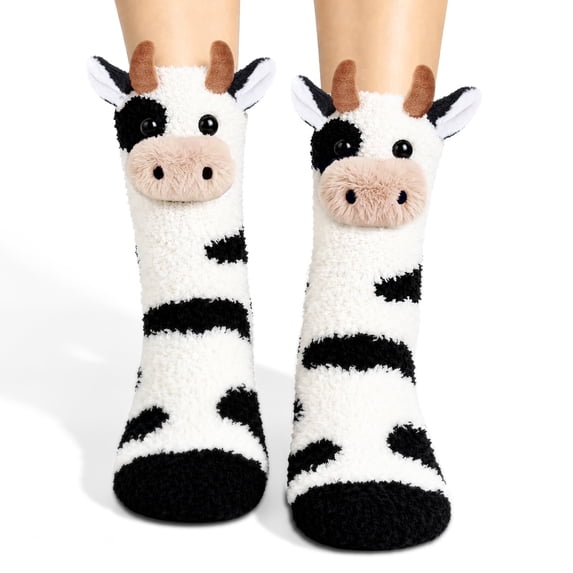 Funny 3D Milkcow Fuzzy Cozy Slipper Socks Gift for Women Teen Girl | Cute Animal Fluffy Thermal Socks Fun Milkcow Lovers Warm Gift Ideas for Birthday Valentines Easter Christmas Stocking Stuffer