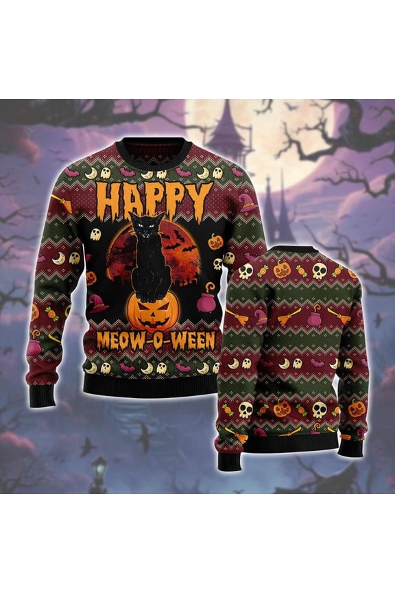 Funny 3D Sweater, Happy Meow-O-Ween Cat Halloween Sweater, Spooky Black Cat on Pumpkin, Ghosts, Bats & Fun 3D Knit for Party Nights.