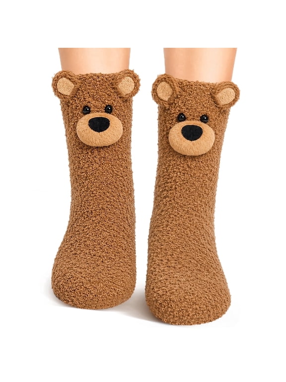 Funny 3D TeddyBear Fuzzy Cozy Slipper Socks Gift for Women Teen Girl | Cute Animal Fluffy Thermal Socks Fun TeddyBear Lovers Warm Gift Ideas for Birthday Valentines Easter Christmas Stocking Stuffer