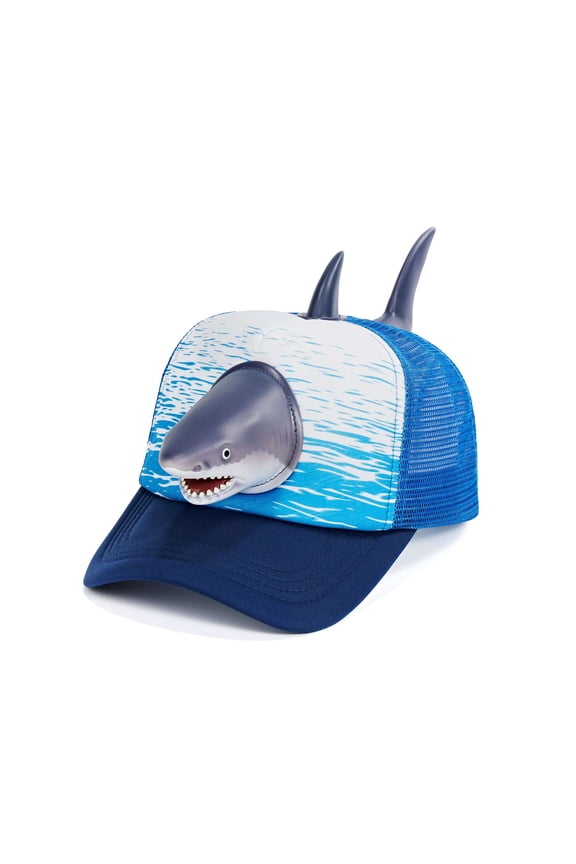 Funny 3D Trucker Hat Adjustable Fit for Men & Women, Novelty Structured Snapback Mesh Cap, Shark, One Size