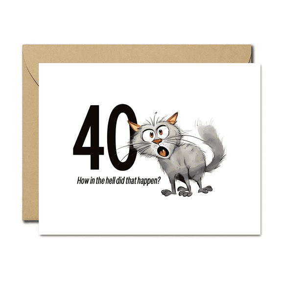 Funny 40th Birthday Card How in the hell did that happen? Cat Design Blank Inside, Envelope Included Perfect for Celebrating Milestone Birthdays