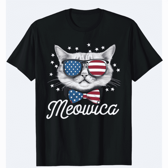 Funny 4th Of July Meowica Cat Sunglasses USA American Flag T-Shirt
