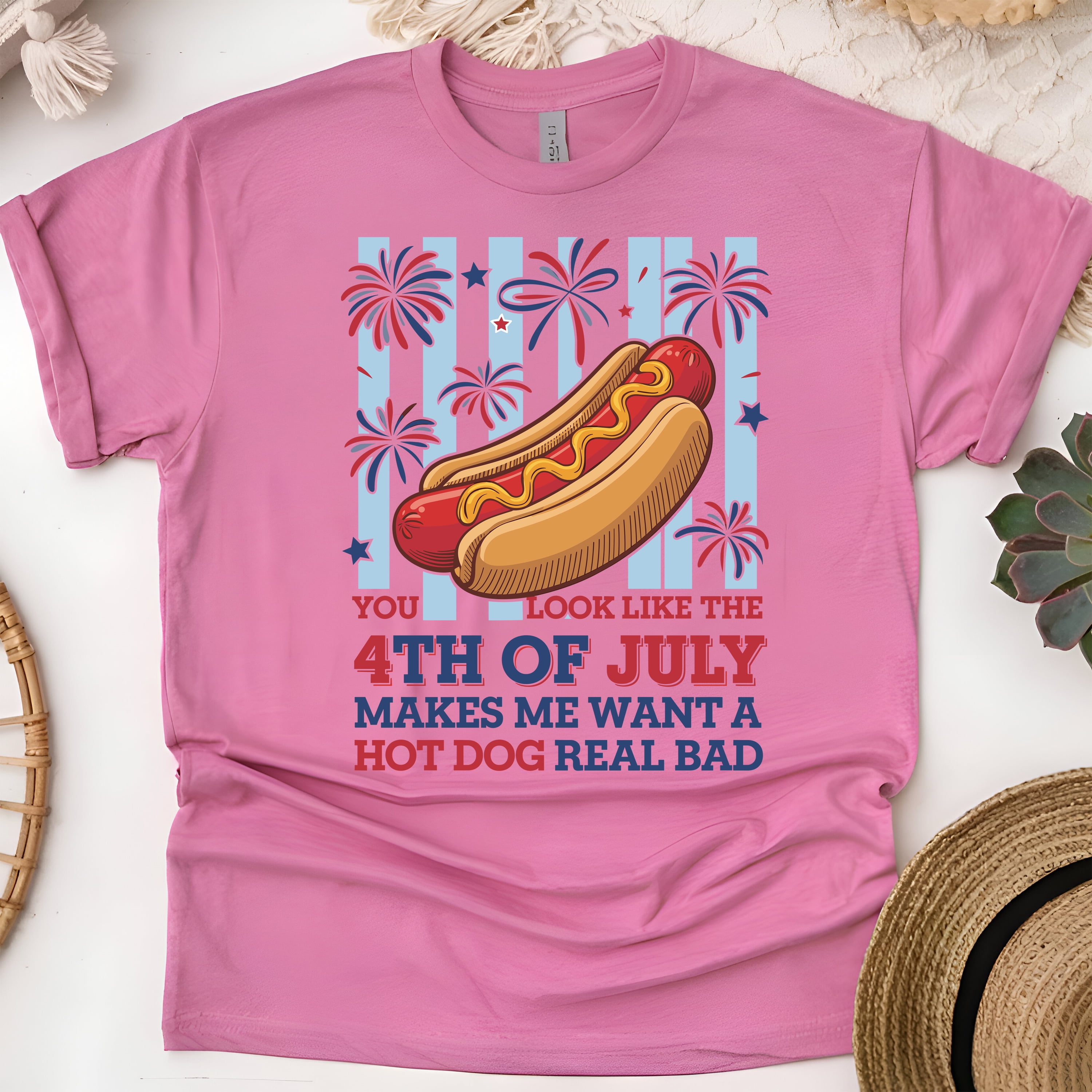 Women's 4th Of July Oversized Hot Dog T-Shirt - American Flag Graphic Tee With Stars Patriotic Top