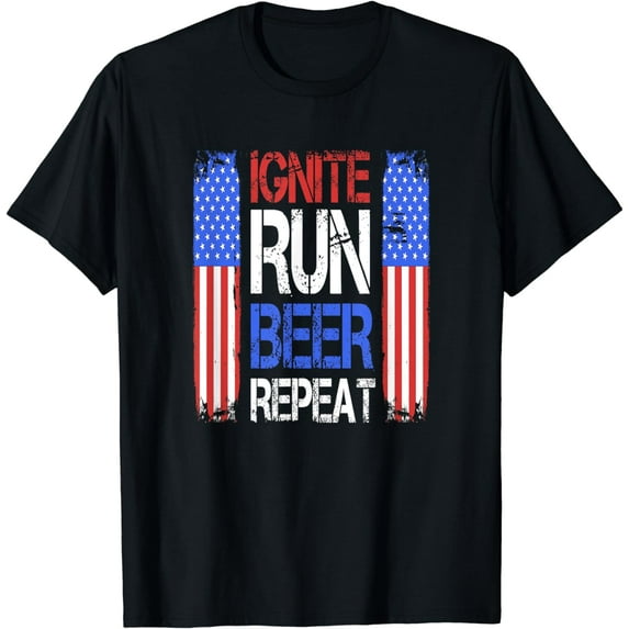 Funny 4th of July - Ignite Run Beer Repeat - 4th of July T-Shirt