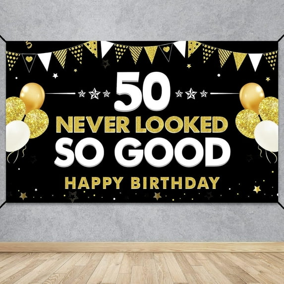 Funny 50th Birthday Banner Decorations for Men Women, Black Gold Happy 50th Birthday Never Looked So Good Banner Party Supplies, Fifty Year Old Birthday Photo Booth Poster