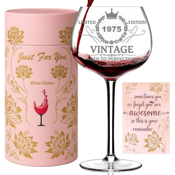 Funny 50th Birthday Gifts for Women, Vintage 1975 Engraved Wine Glass in Gift Box, Personalized Gift for Her, Mom, Sister, Daughter, Best Friend, Turning 50 and Fabulous Gift Idea