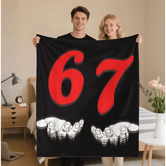 Funny 6/7 Meme Number 67 Design Blanket - Soft Lightweight Flannel Throw with Red & Number 67 Pattern, All-Season Bedspread for Sofa, Bed, Travel, Camping - Machine Washable Cozy Gift for Meme Lovers