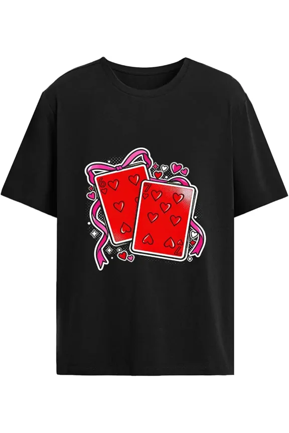 Funny 67 Lucky Heart Playing Card Graphic Unisex Casual T-Shirt