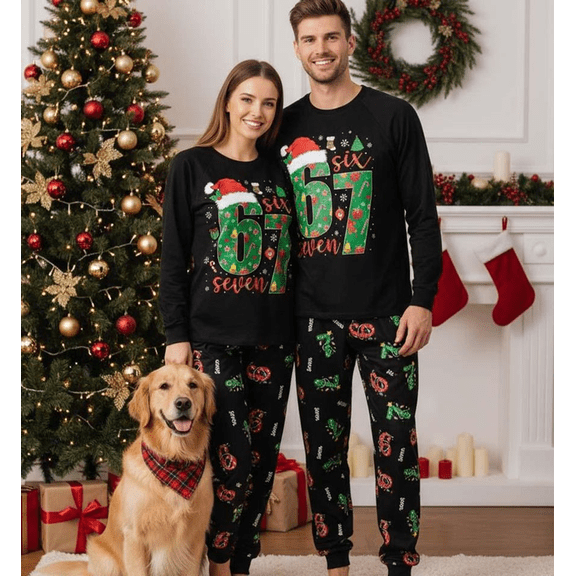 Funny 67 Meme Christmas Matching Pajamas, Couples Holiday PJ Set, Trendy Santa Christmas Sleepwear