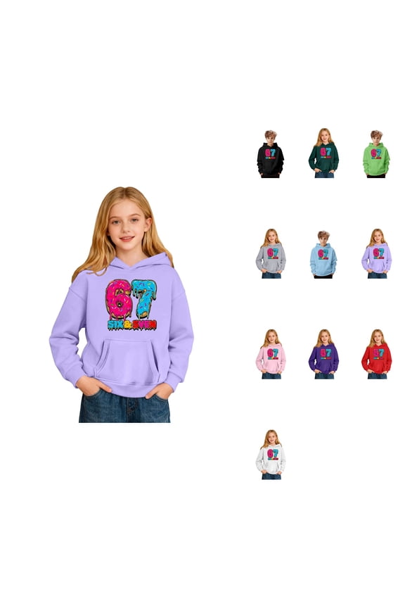 Funny 67 Meme Graphic Print Hooded Sweatshirt for Kids, Casual Long Sleeve Pullover Jacket with Pocket, Gen Alpha Slang Ice Cream Design, Boys Girls Youth Fashion Hoodie