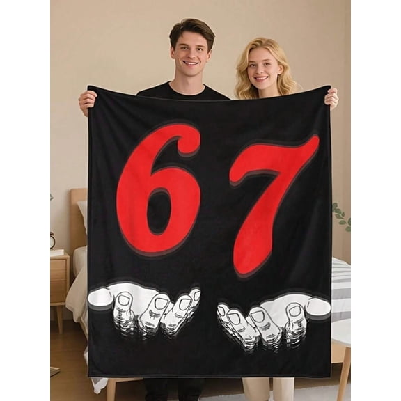 Funny 67 Meme Number 67 Design Blanket - Soft Lightweight Flannel Throw With Red & Number 67 Pattern, All-Season Bedspread For Sofa, Bed, Travel, Camping - Machine Washable Cozy Gift For Meme Lovers