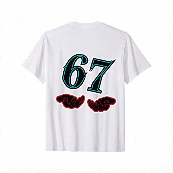 Funny 67 Meme T-Shirt, 67 Number Joke with 6 & 7 Hands Print, 100% Cotton Gift Idea for Birthdays Parties (Black)
