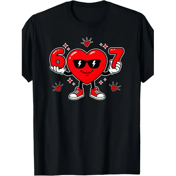 Funny 67 Valentine Day Dabbing Heart Love 67 Meme Six Seven T-Shirt Pure Cotton Boys'and Girls' Everyday T-Shirts for Spring and Summer Size 120-160