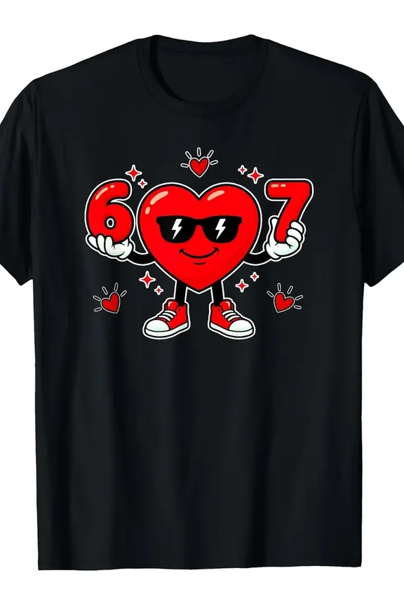 Funny 67 Valentine Day Dabbing Heart Love 67 Meme Six Seven T-Shirt Pure Cotton Boys'and Girls' Everyday T-Shirts for Spring and Summer Size 120-160