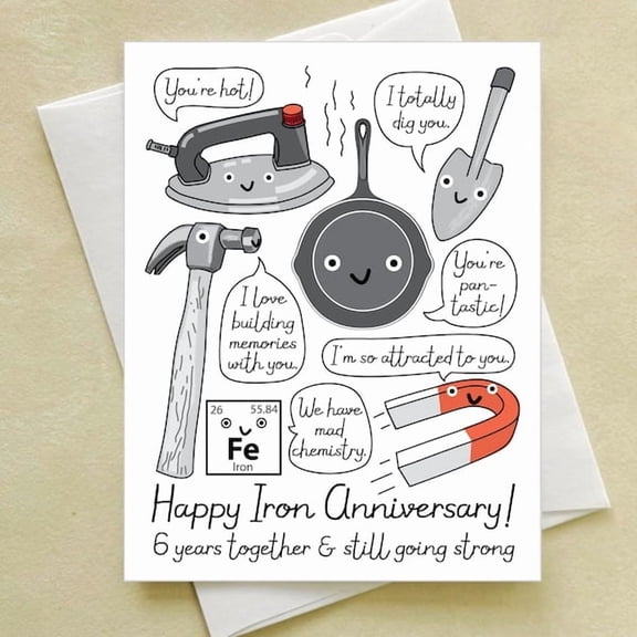 Funny 6th Anniversary Card for Couple, Iron Themed Pun Greeting Card, Cute Illustrated Iron Pan Hammer Magnet Design for Husband or Wife, Celebrating 6 Years Together