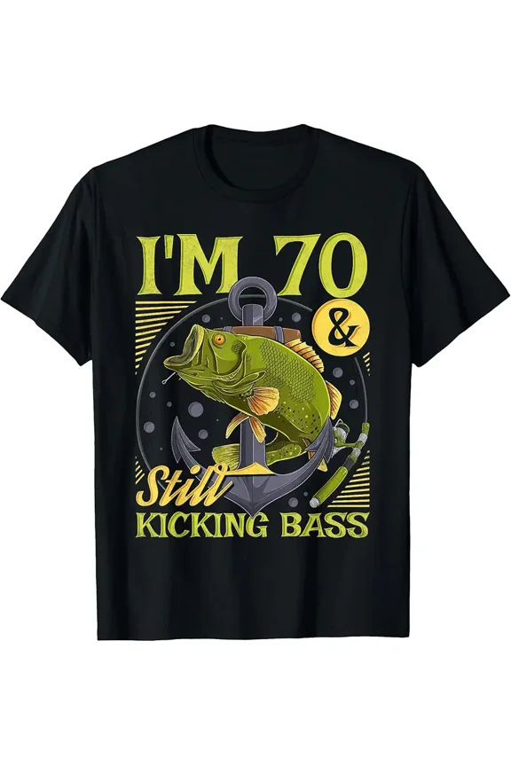 Funny 70th Birthday Kicking Bass Fishing Graphic Men Angler Gift Short Sleeve Novelty T-Shirt