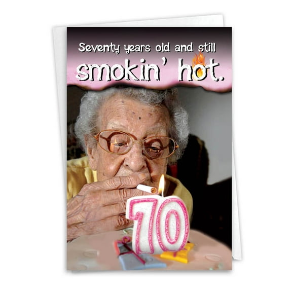 Funny 70th Milestone Birthday Greeting Card with 5 x 7 Inch Envelope (1 Card) 70 Years Old and Hot - Old Woman Lighting Cigarette