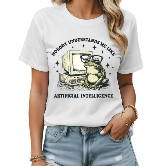Funny AI Quote Frog Graphic Tees Womens T-shirt Black/White S-5XL Gift for Tech Lovers