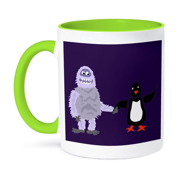 3dRose, Funny Abominable Snowman Holding Penguin Hand Love, 11oz Two-Tone Green Mug