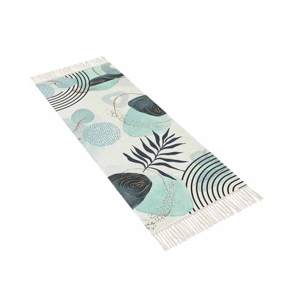 Funny Abstract Art Watercolor Tropical Leaves Boho Teal Bathroom Runner Rug 2'x6'Washable Woven Area Rug, Tassel Kitchen Rug,Throw Floor Mat Carpet Decorative for Living Room Bedroom