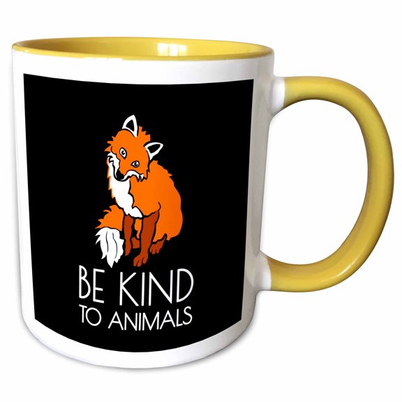 3drose, Funny Adorable Smiling Red Fox on Black. Be Kind to Animals, 11oz Two-tone Yellow Mug