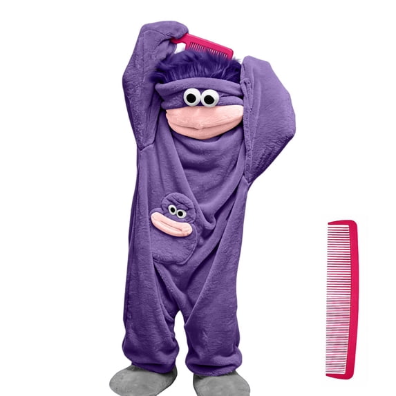 Funny Adult Big Mouth Monster Pajama Costume with Comb and Shoes, Plush Fleece Hooded Jumpsuit, Cozy One Piece Sleepwear for Halloween, Cosplay and Pajama Parties
