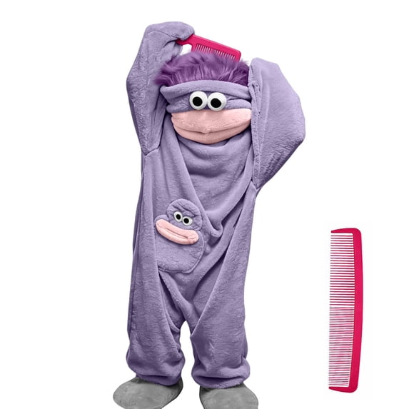 Funny Adult Big Mouth Monster Pajama Costume with Comb and Shoes, Plush Fleece Hooded Jumpsuit, Cozy One Piece Sleepwear for Halloween, Cosplay and Pajama Parties