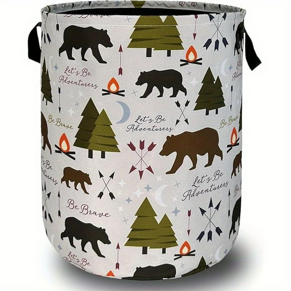 Funny Adventure Bear Forest Laundry Basket Camping Laundry Basket with Handle Large Capacity Durable Foldable Oxford Cloth Dirty Clothes Basket